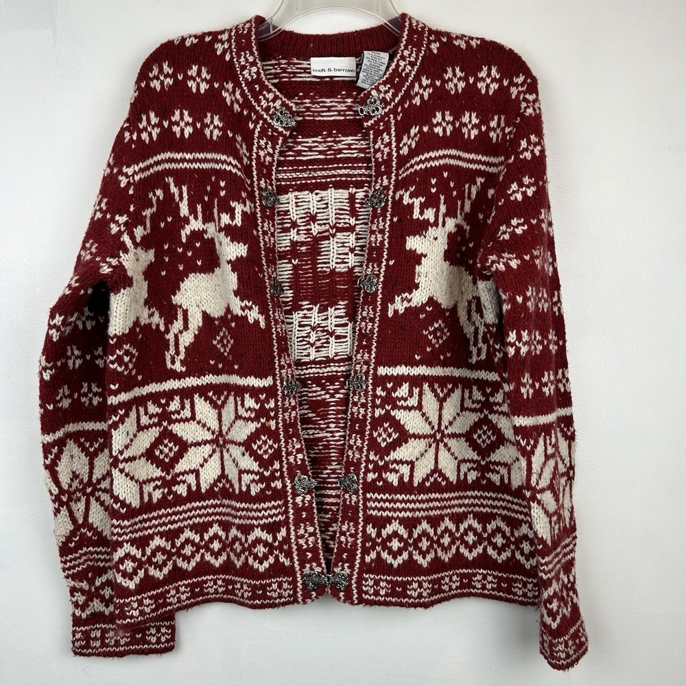 Croft Barrow Cardigan Sweater Womens M Nordic Chunky Knit Christmas Wool Blend